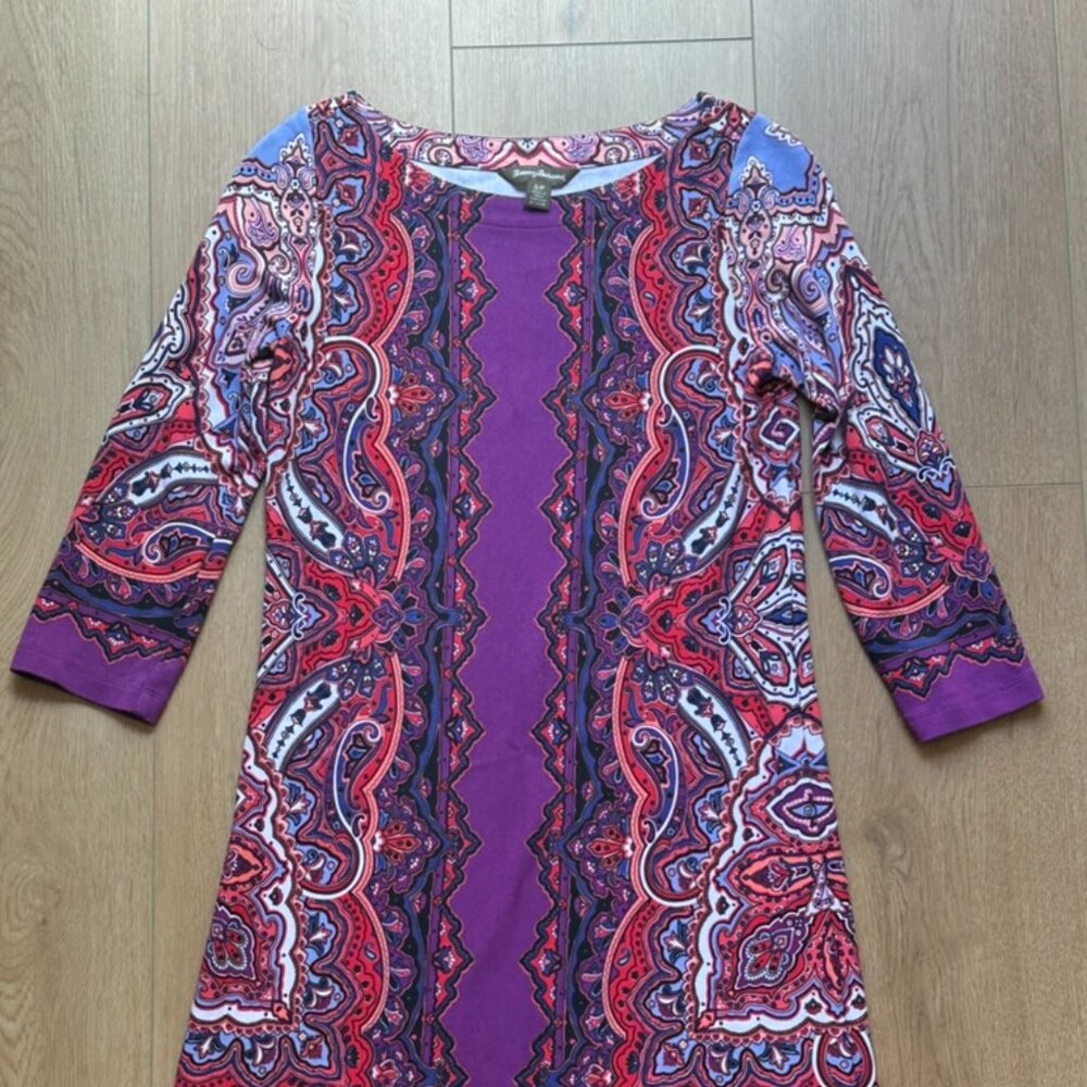 Tommy Bahama Women Sz S Purple Paisley Print Dress 3/4 Sleeve